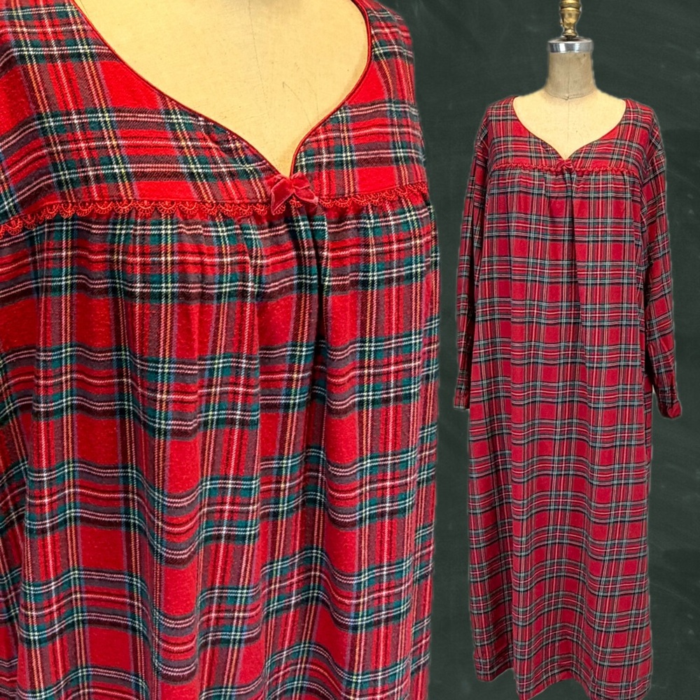 VINTAGE tartan plaid flannel‎ cotton nightgown maxi long sleeve plus size